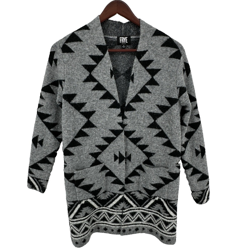 Frye Cardigan Sweater Womens Size M Gray Black Southwestern Aztec Open Front